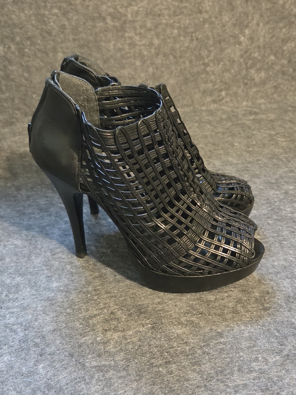 Stuart Weitzman Black Woven Peep-Toe Stiletto Booties